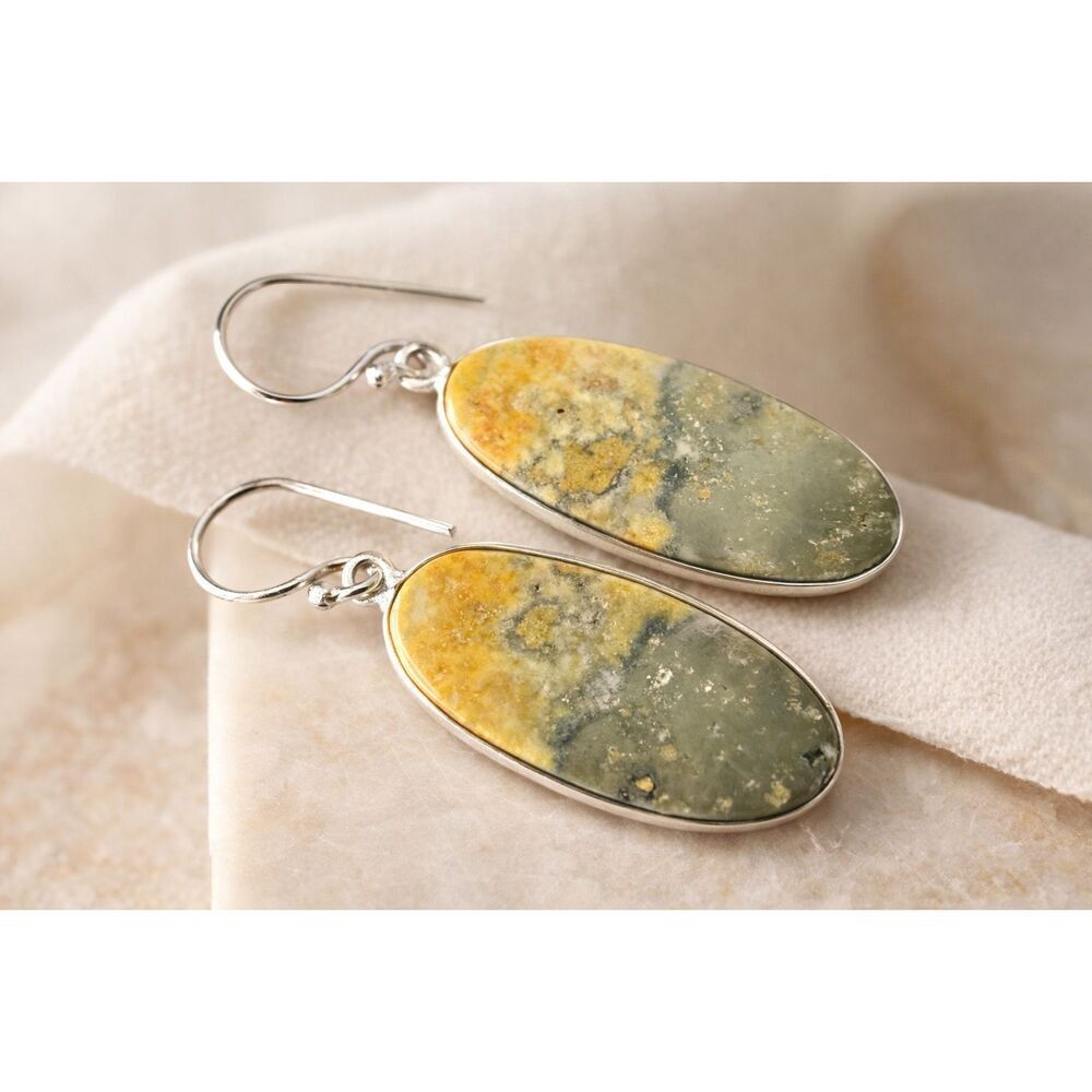 Southwestern Natural Bumblebee Jasper Oval Earrings Silver Handcrafted Boho New